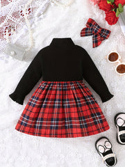 Baby Girl's Red Plaid Long Sleeve Dress Headband Set