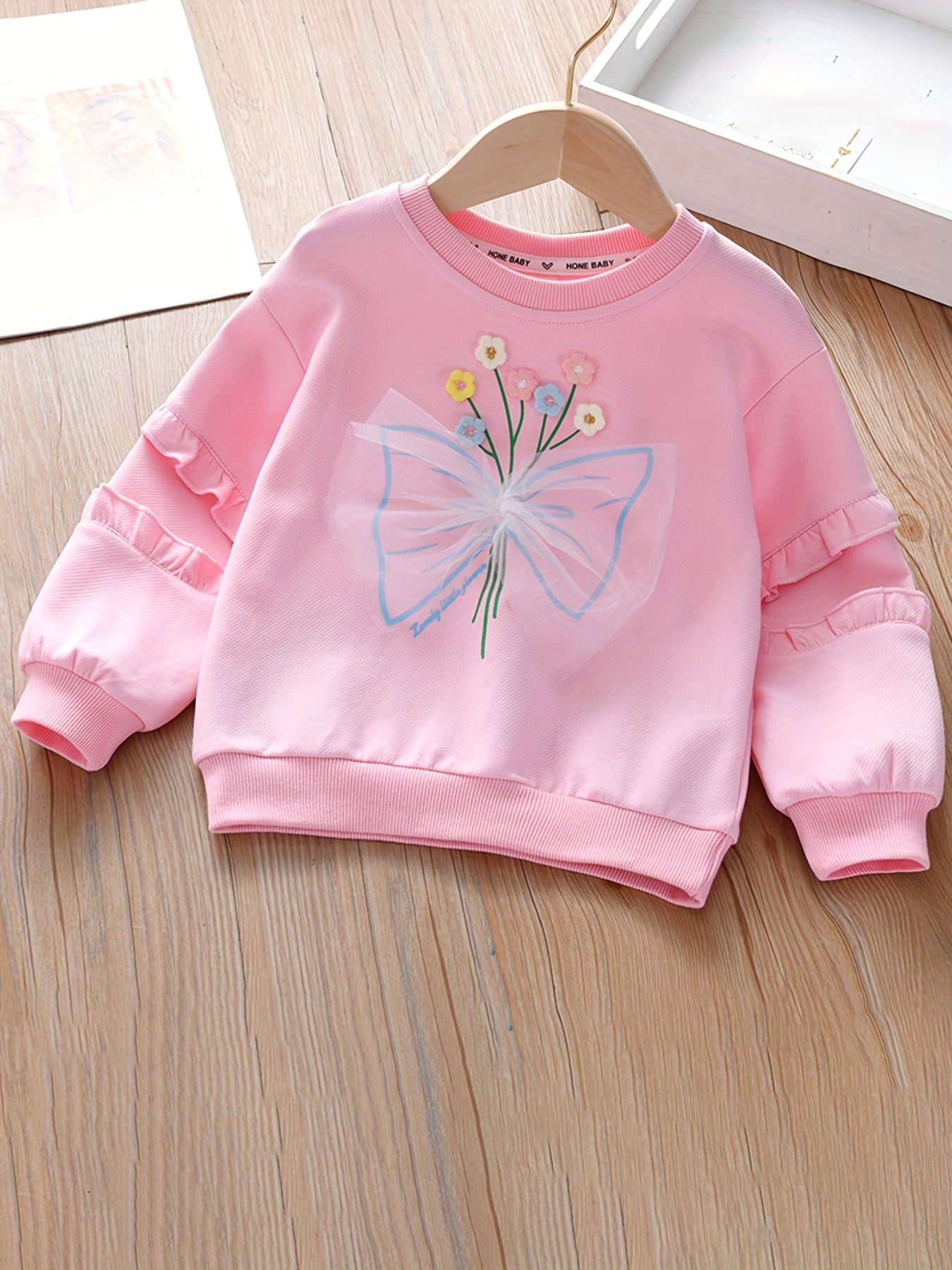 Girls Flowers Graphic Sweatshirt with Tulle, Long Sleeve Top Pullovers