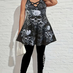 Floral Skull Print Split Strap Criss Cross Back A-line Dress