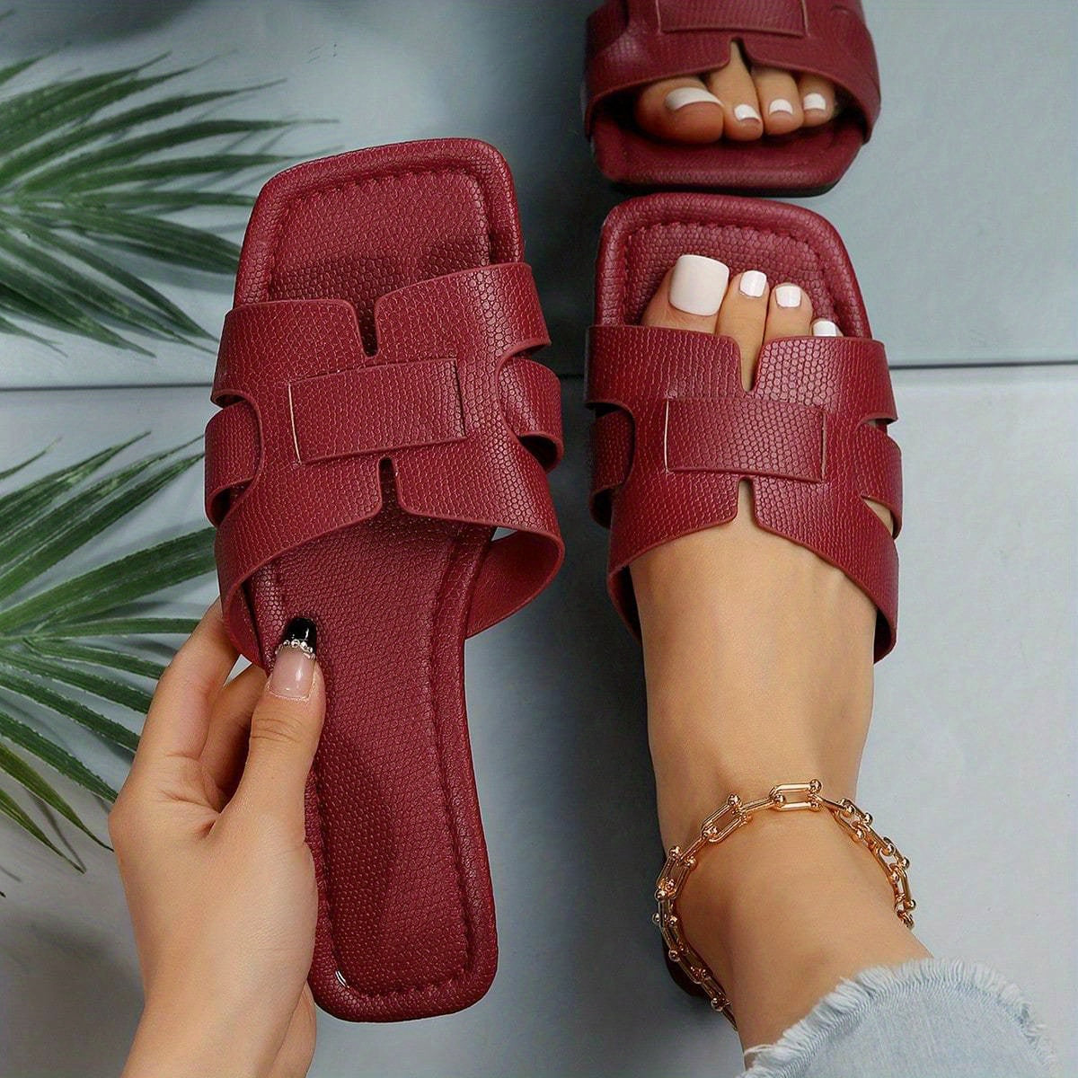 Women's Solid Slide Sandals Lightweight Square Open Toe Slip On Shoes