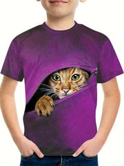 Boy's Zipper & Cat Graphic T shirt Casual Slightly Stretch Tee Kid's Clothing