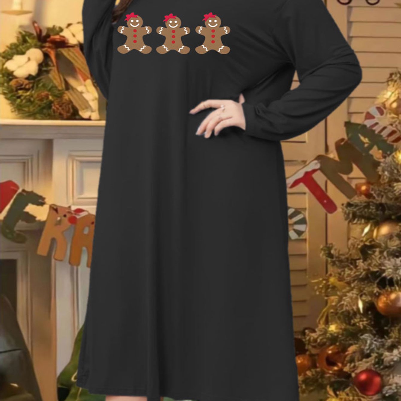 Gingerbread Man Print Long Sleeve Round Neck Sleep Dress
