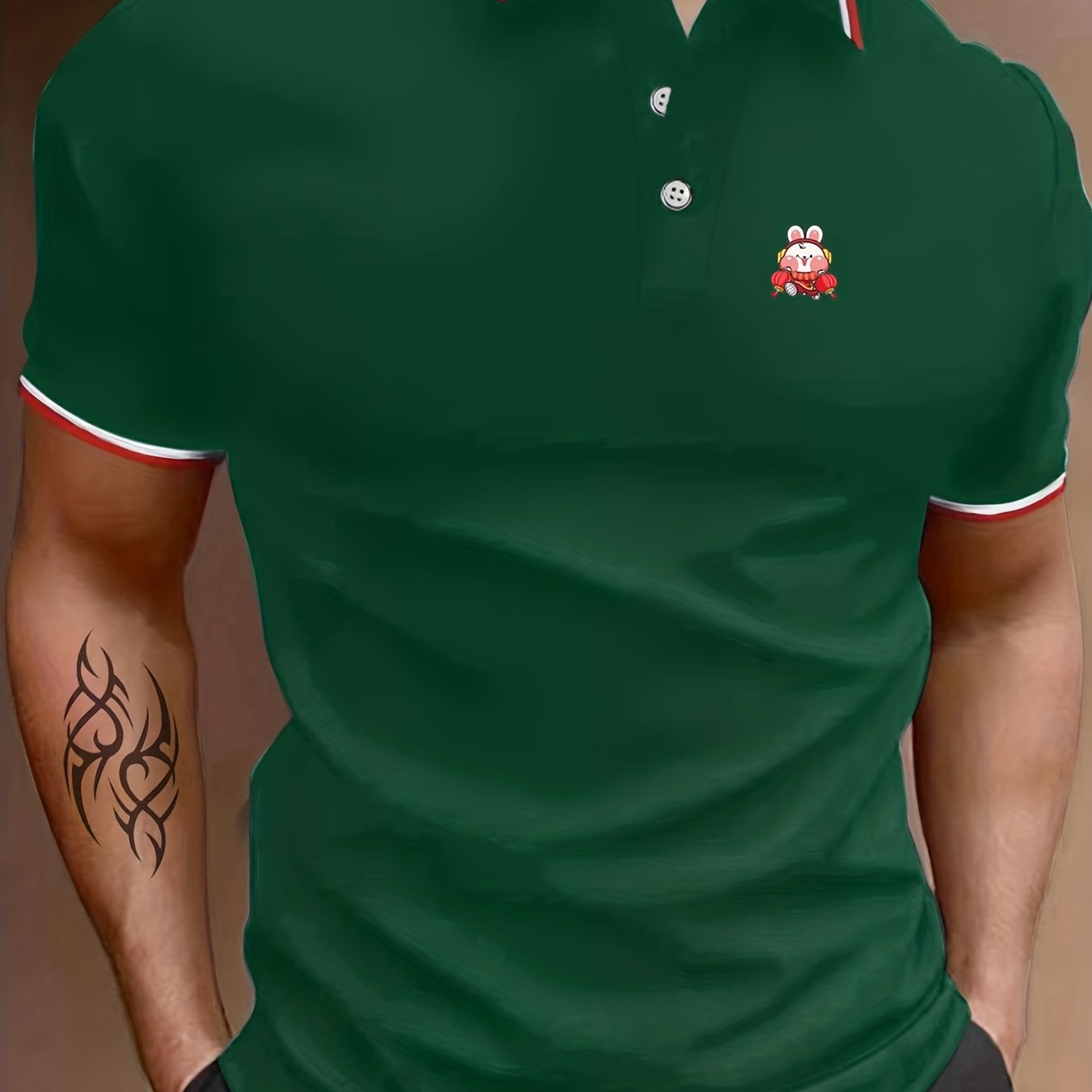 Men's Rabbit Graphic Polo Shirt Breathable Lapel Button Up Short Sleeve Shirt