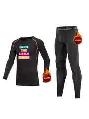 Kids Compression Fleece Sets, Cartoon Crew Neck Top & Elastic Pant
