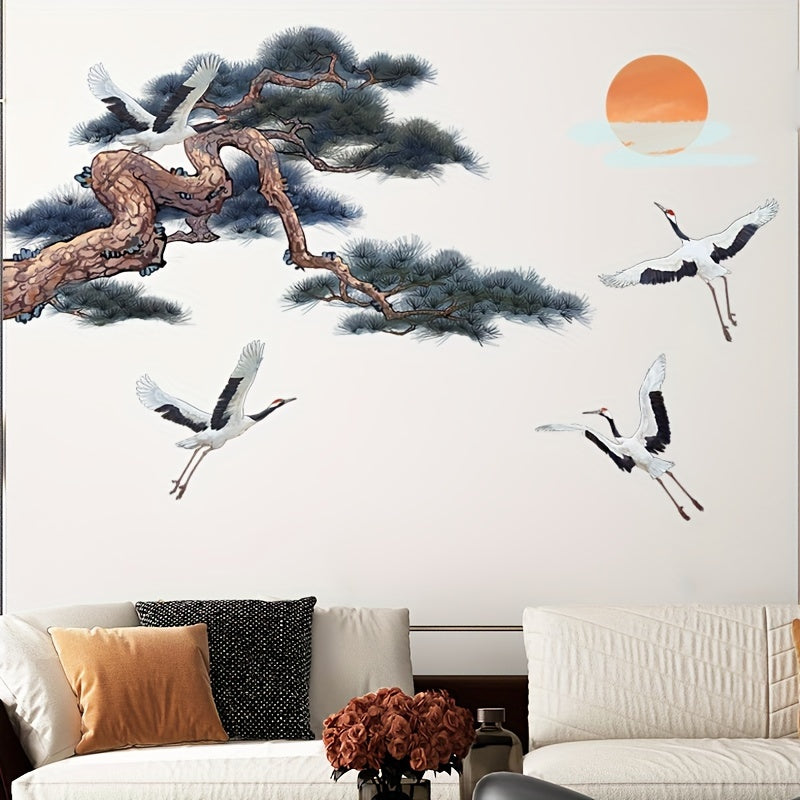 Chinese Style Ink Pine And Crane Painting Wall Stickers Bedroom Decoration