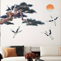 Chinese Style Ink Pine And Crane Painting Wall Stickers Bedroom Decoration