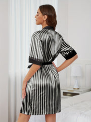 Colorblock Striped Night Robe Short Sleeve V Neck Robe
