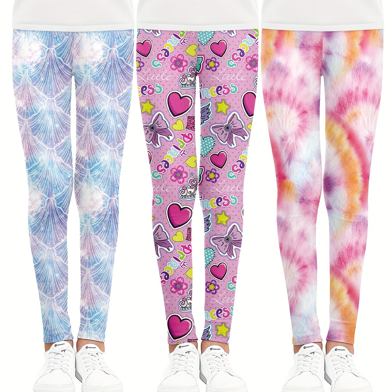 3pcs Girls Bow Heart Fish Scale Tie Dye Athletic Workout Leggings