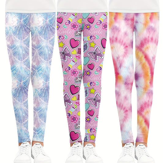 3pcs Girls Bow Heart Fish Scale Tie Dye Athletic Workout Leggings