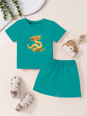 Short Sleeve Dragon Pattern T-shirt & Shorts Set