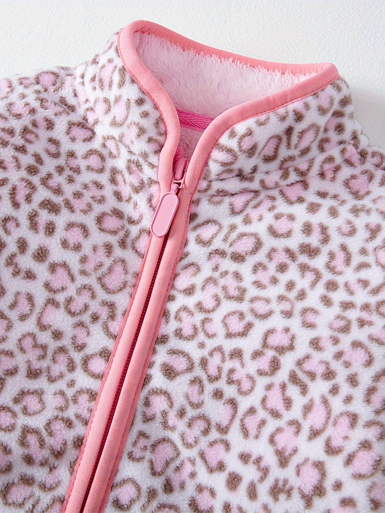 Girls Leopard Print Fleece Jacket, Zip Up Long Sleeve Outerwear
