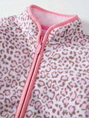 Girls Leopard Print Fleece Jacket, Zip Up Long Sleeve Outerwear