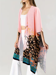 Boho Cover Up Women's Plus Floral Print Batwing Sleeve Open Front