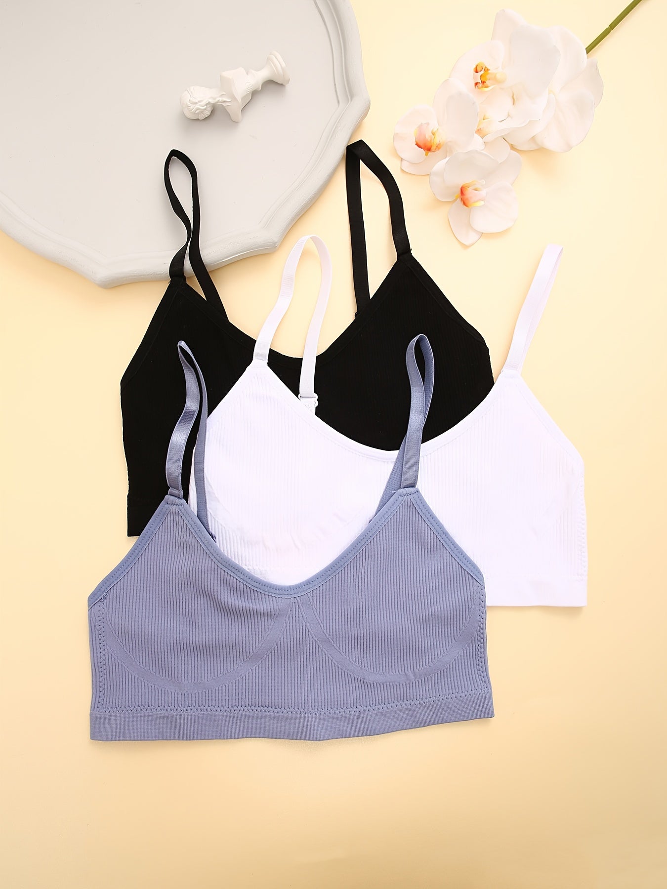 3pcs Knitted Ribbed Sports Bras Breathable Yoga Workout Wireless Bra