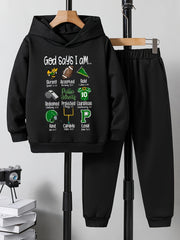 2pcs Boys Football Print Hoodie & Solid Sweatpants Set