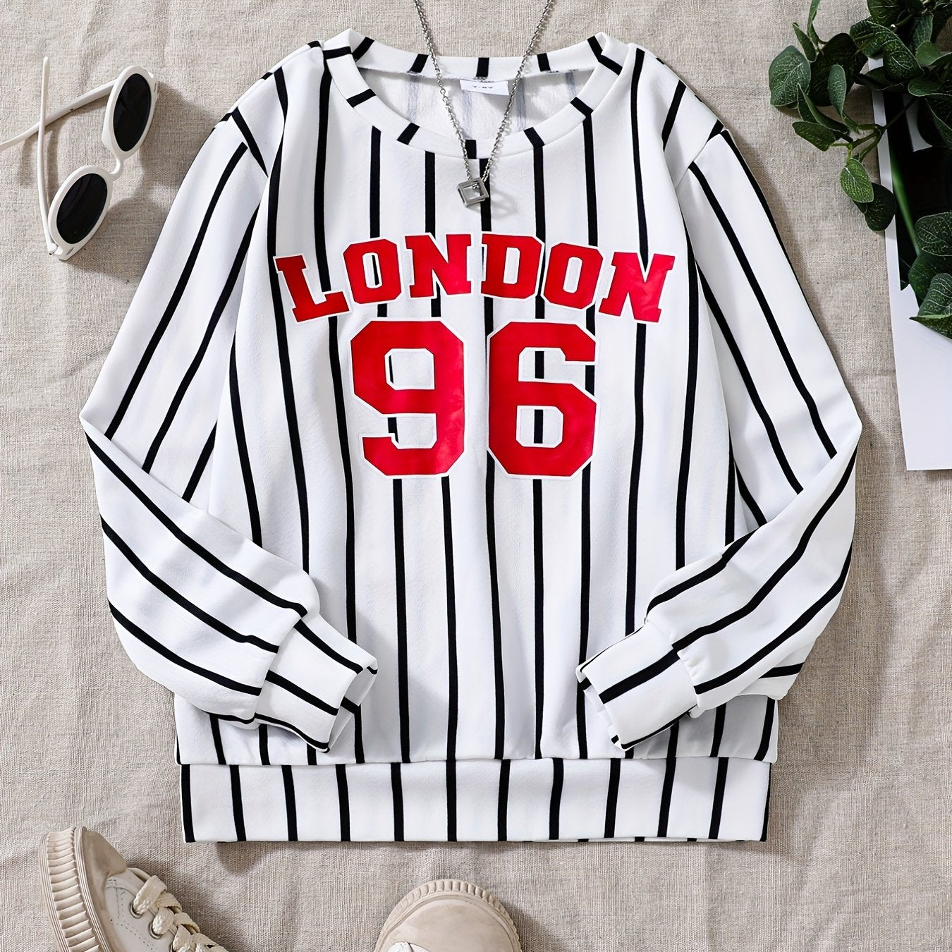 Girls Striped Team Number Crew Neck Sweatshirt For Sports Casual Outfit