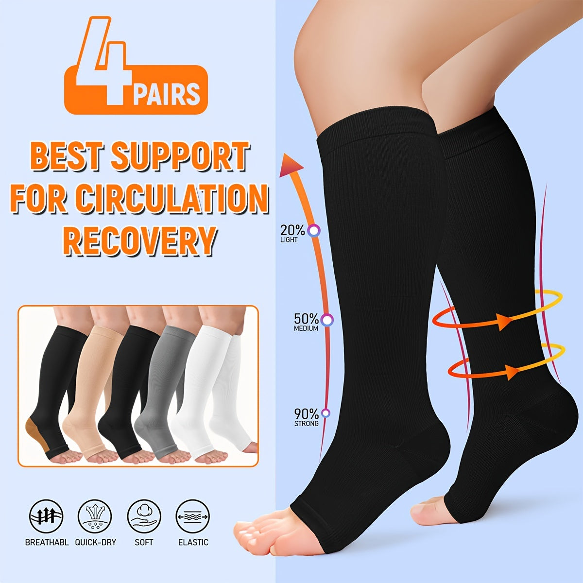 4 Pairs Open Toe Copper Compression Socks 15-25 mmHg