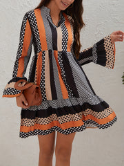 Polka Dot & Stripe Print Dress V Neck Long Sleeve Women's Clothing