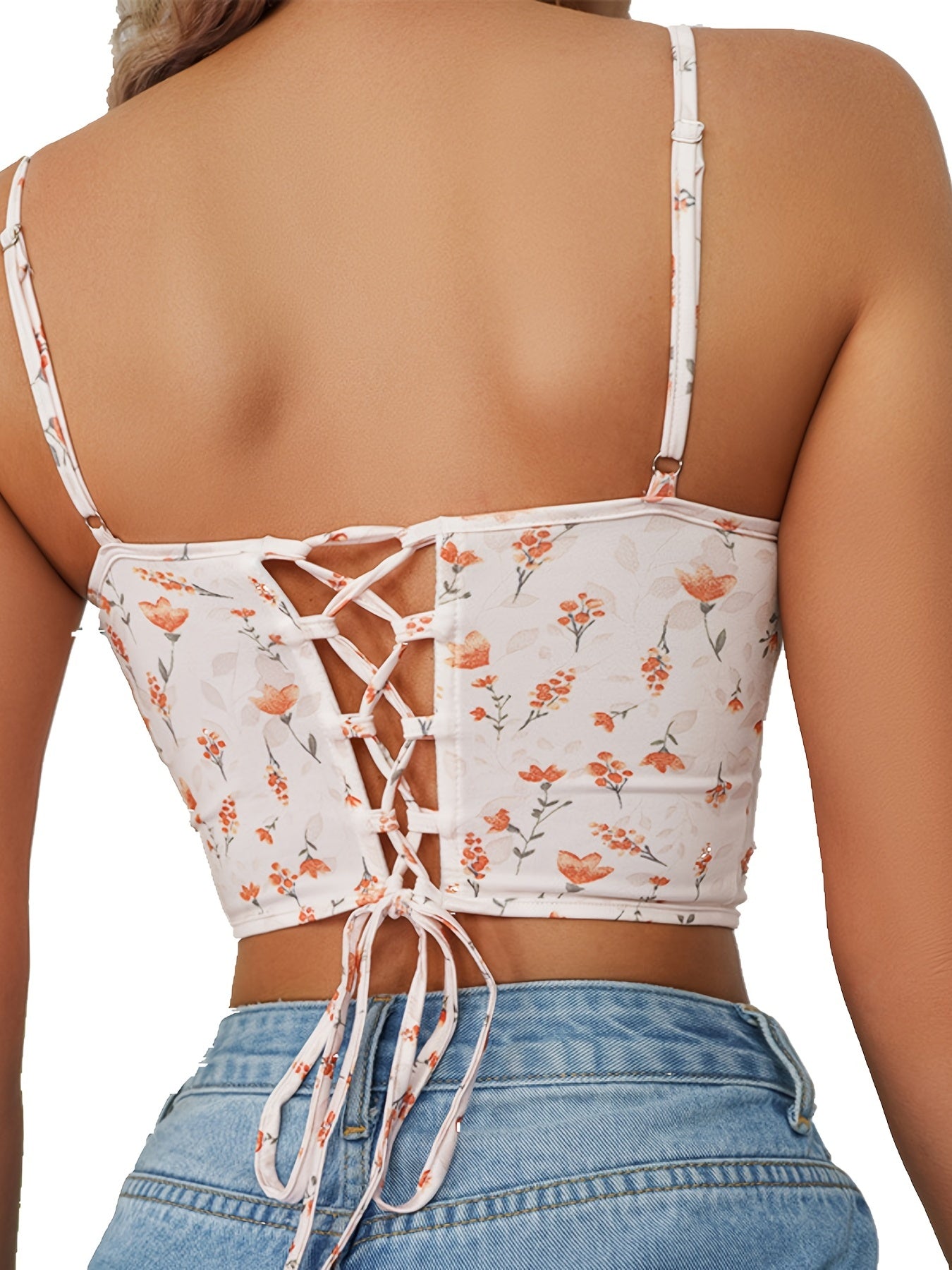 Floral Corset Top Spaghetti Straps Bustier Y2K Zip Back Crop Tops