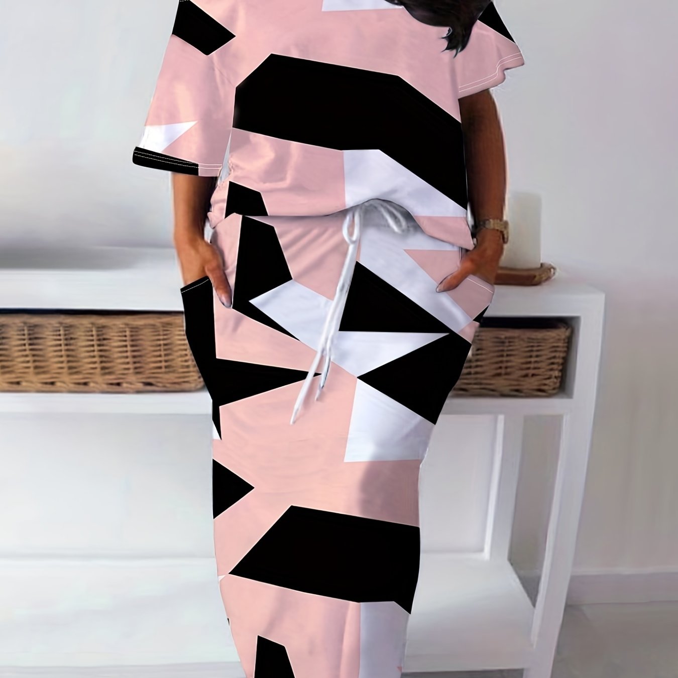 Women's Plus Size Colorblock Geometric Print Top & Skirt Set