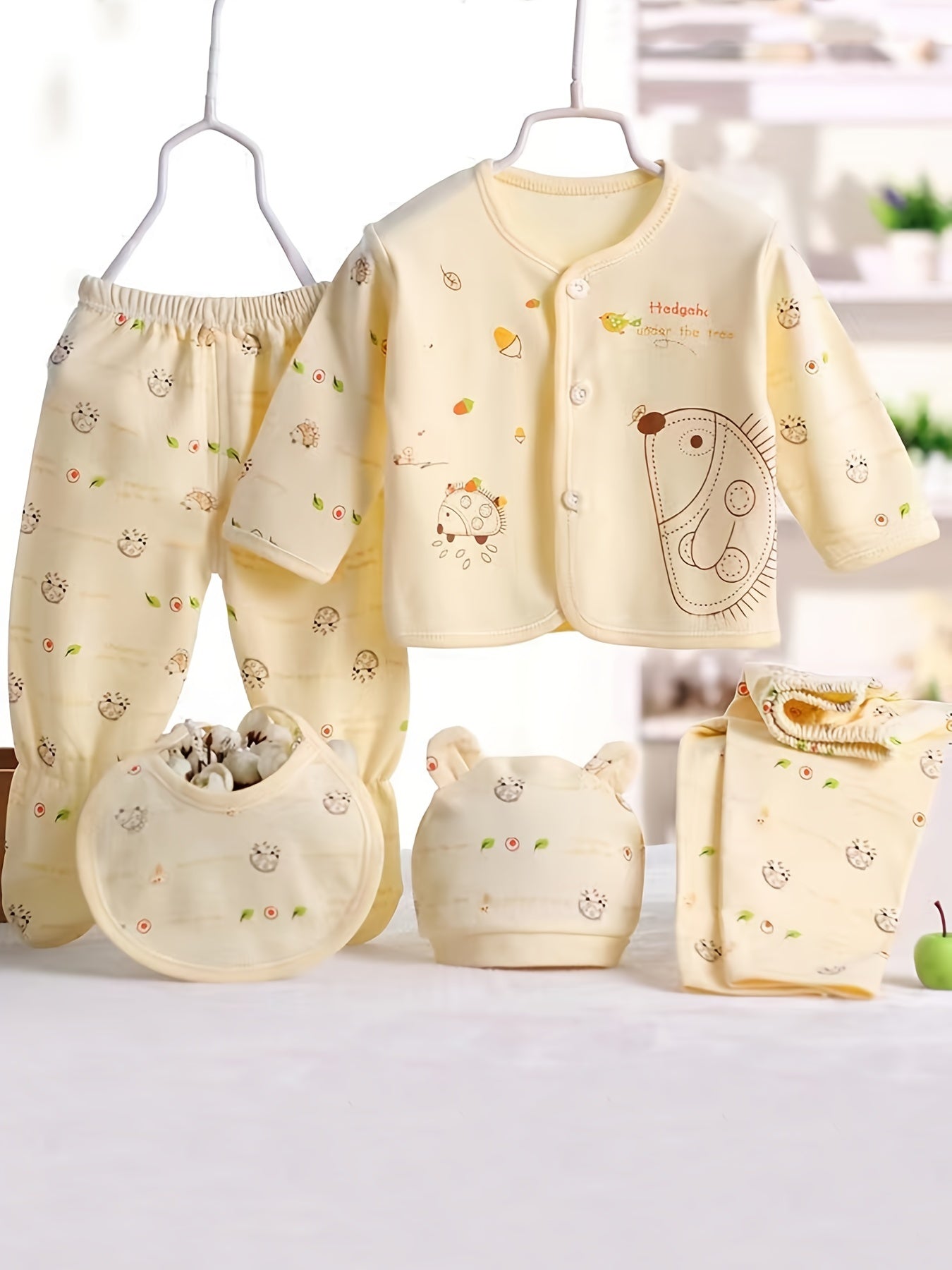 Cute Baby Girl 5pc Outfit Set Cartoon Top Pants Hat Bib