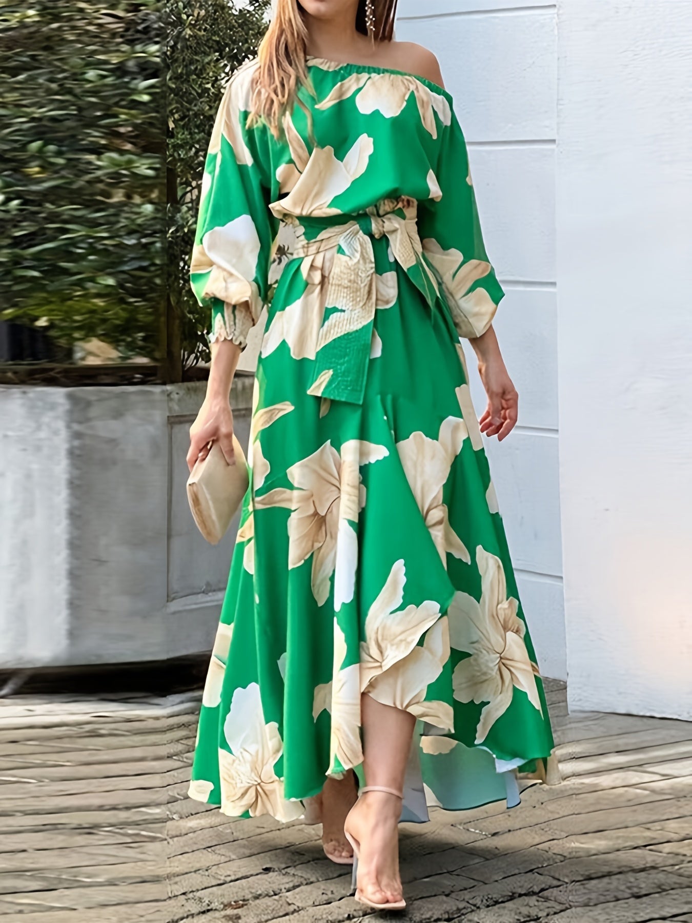 Boho Floral Flared Long Dress Lantern Sleeve Tie Waist Summer Dress