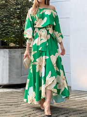 Boho Floral Flared Long Dress Lantern Sleeve Tie Waist Summer Dress