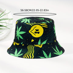 Smiling Face Leaf Print Bucket Hat Lightweight Fisherman Cap