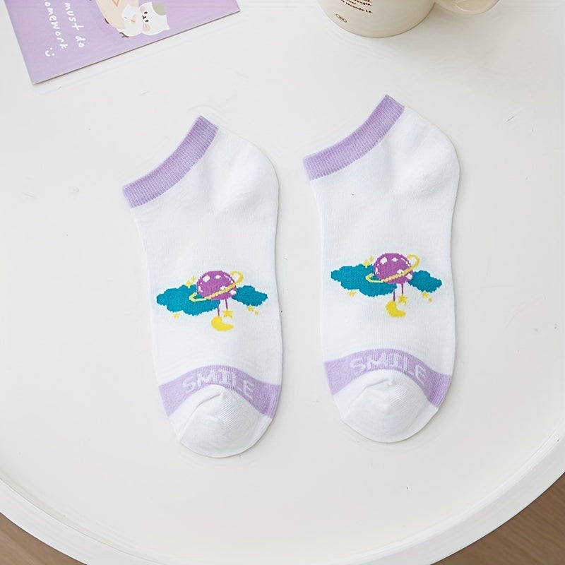 5 Pairs Floral Print Socks & Lightweight Low Cut Ankle Socks