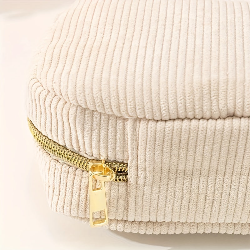 Beige Corduroy Makeup Bag Zipper Travel Brush Holder Organizer
