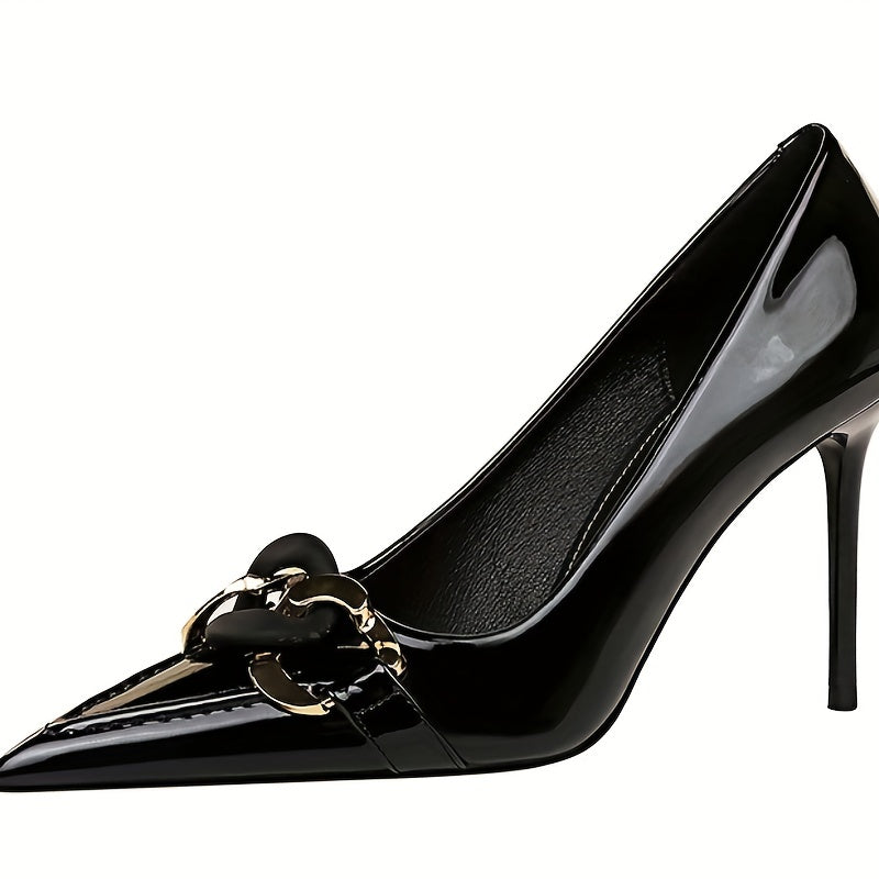 Chain Decor High Heel Patent Leather Pumps Stiletto Heels
