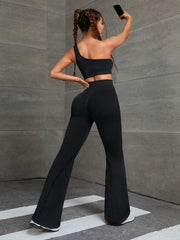 2Pcs Solid Asymmetrical Neck Crop Top & High Waist Seamless Running Pant Set
