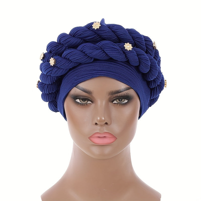 Twisted Braided Turban Cap Sapphire Pre tied Crinkle Head Wrap Elastic