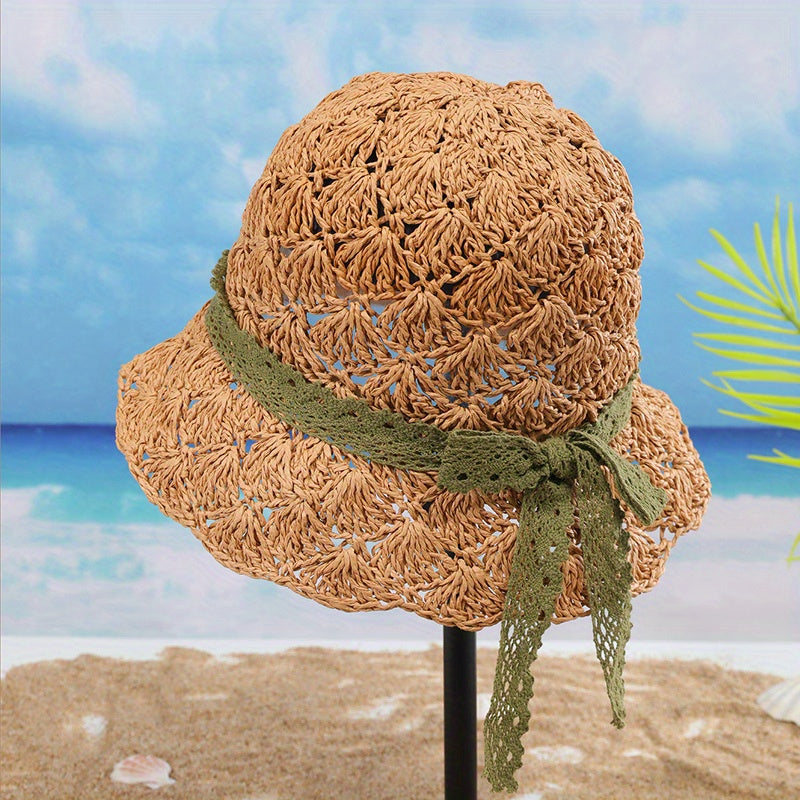 Lace Strap Sun Hat UV Protection Hollow Crochet Straw Hat Solid Bucket Hat