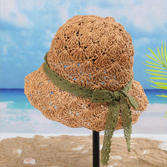 Lace Strap Sun Hat UV Protection Hollow Crochet Straw Hat Solid Bucket Hat