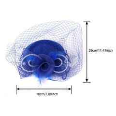 Yellow Mesh Flower Fascinator Hat Feathers Veil Mesh Faux Pearl Small Beret