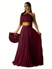 Pleated Two-Piece Set Spaghetti Top & Maxi Skirt Women's Outfit