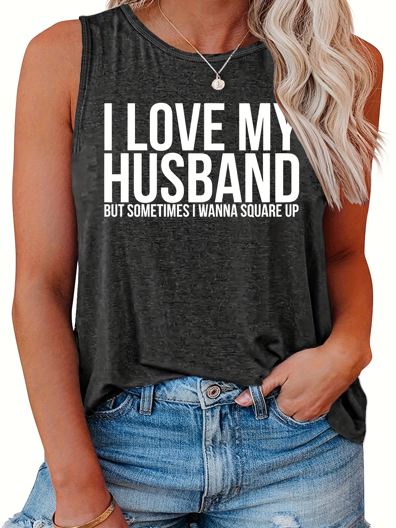 Slogan Print Tank Top Round Neck