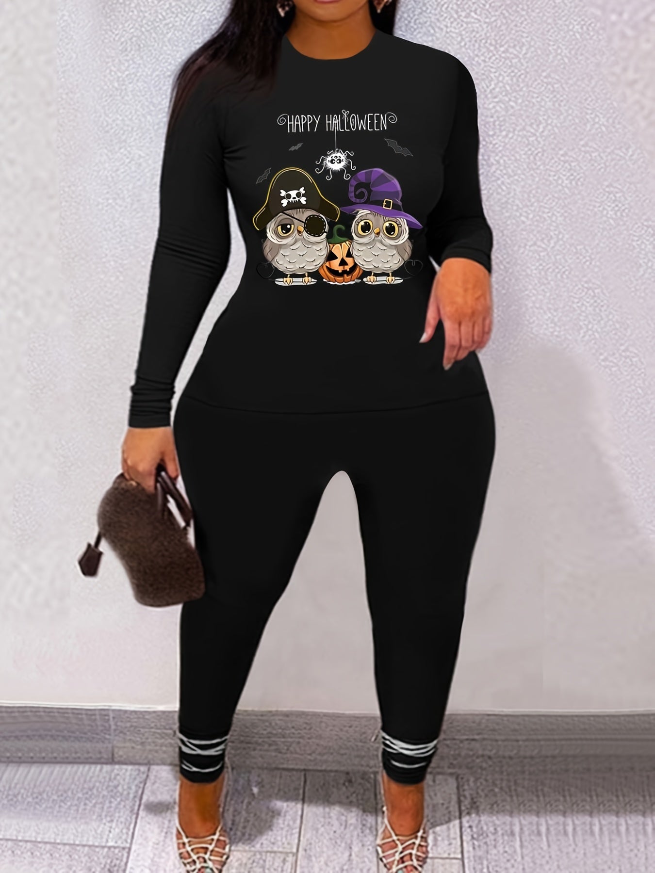Owl Print Long Sleeve Tee & Skinny Pants Set Women's Casual Outfit