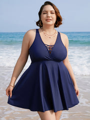 Solid V Neck Cami Dress & Panty Swimsuit Set
