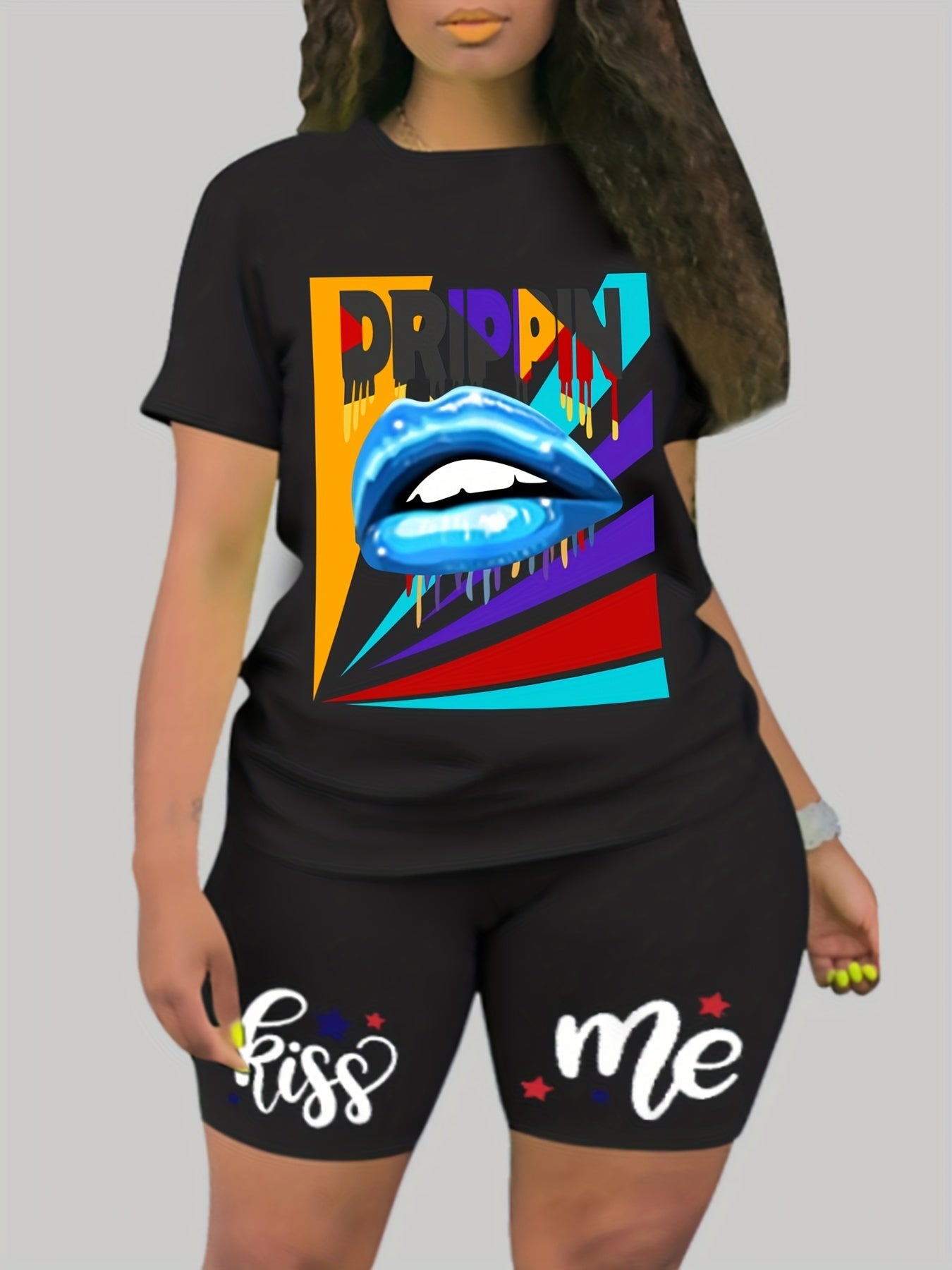Women's Plus Graphic Print Tee & Shorts 2pcs Set