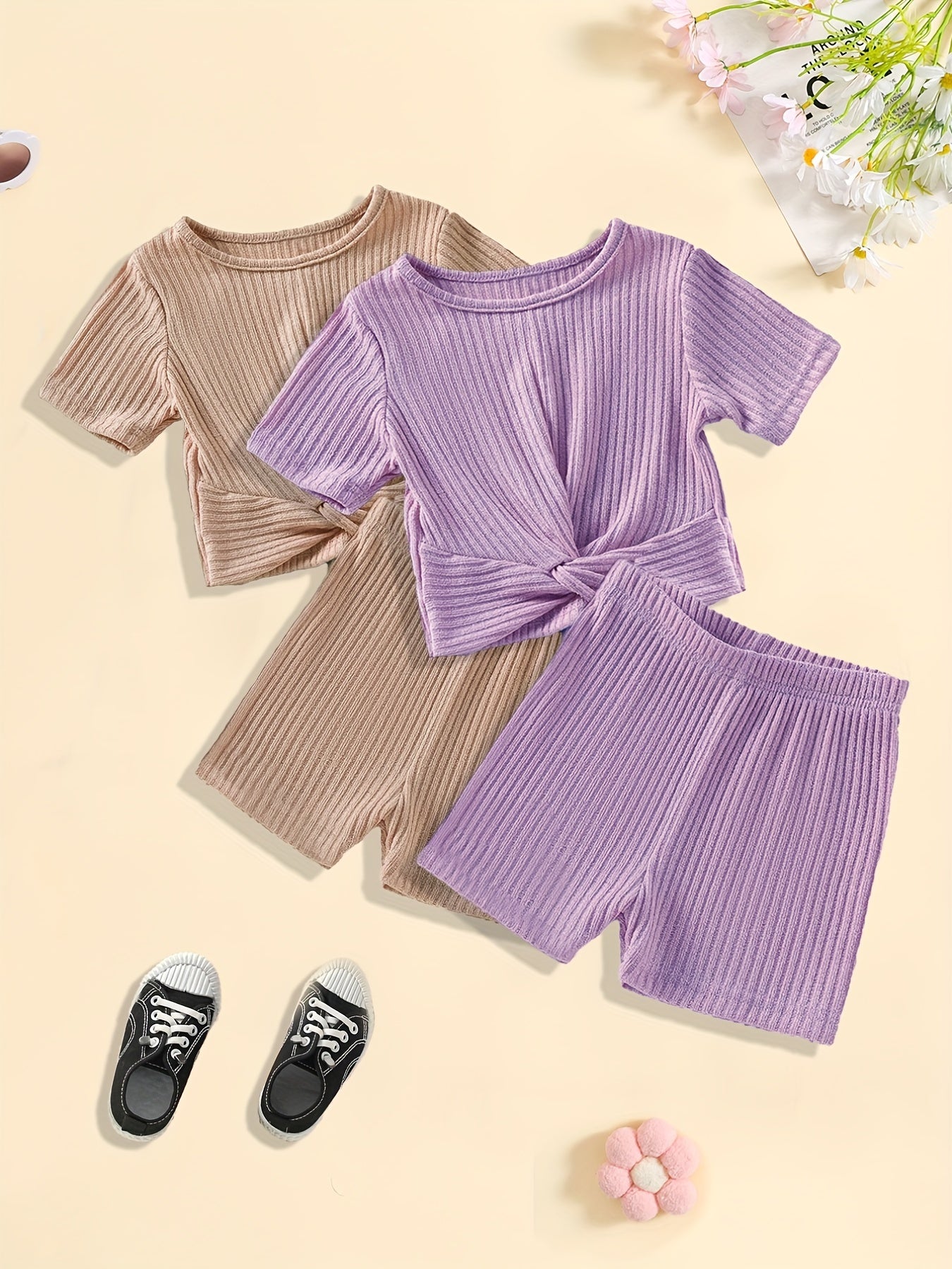 2pcs Toddler Girls Clothes Knot Front Tee Shorts Set