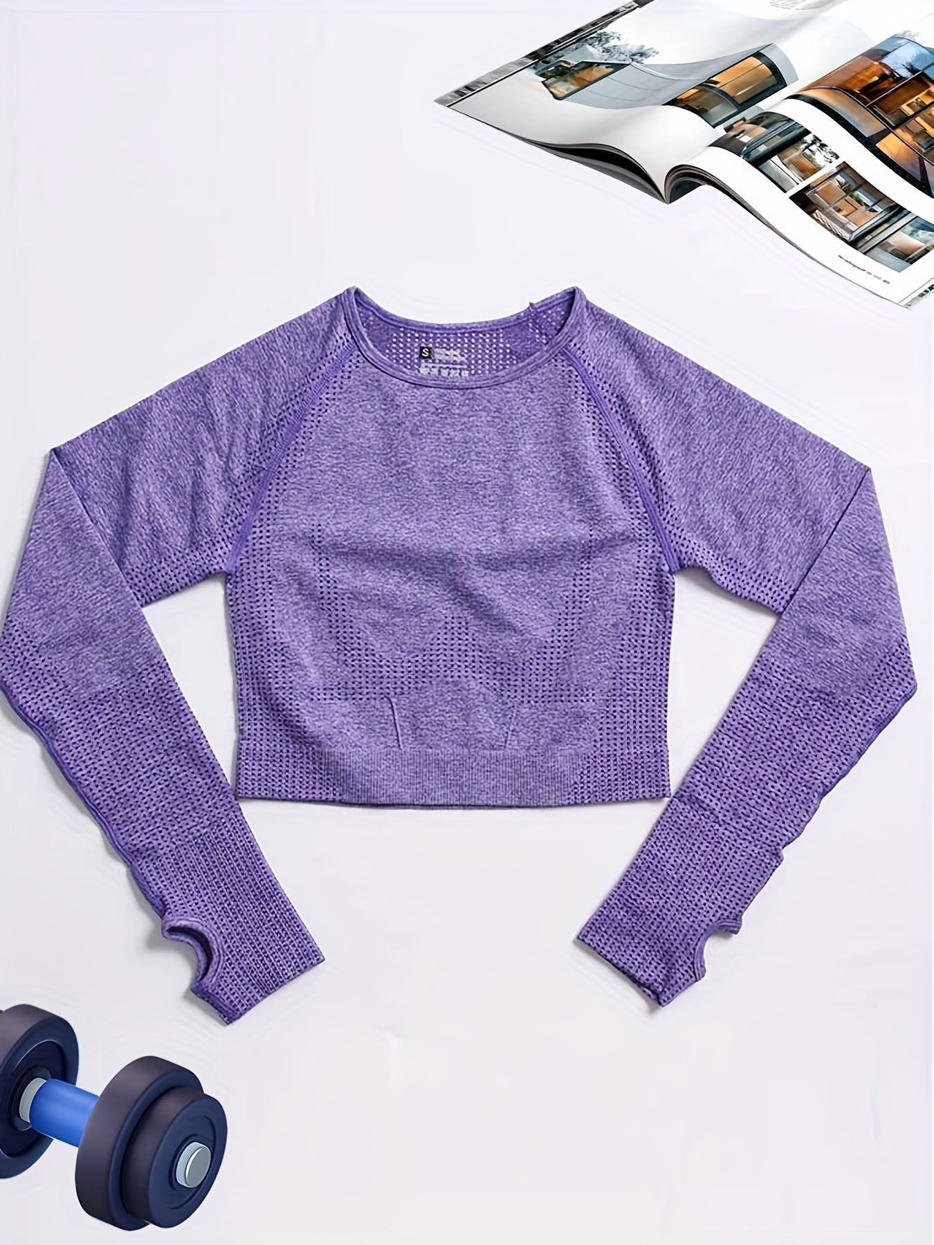 Solid Crew Neck Yoga Crop Top Long Sleeve Sexy Sports Tank Top