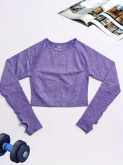 Solid Crew Neck Yoga Crop Top Long Sleeve Sexy Sports Tank Top