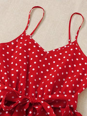 Polka Dot Print Romper Jumpsuit V Neck Tie Waist