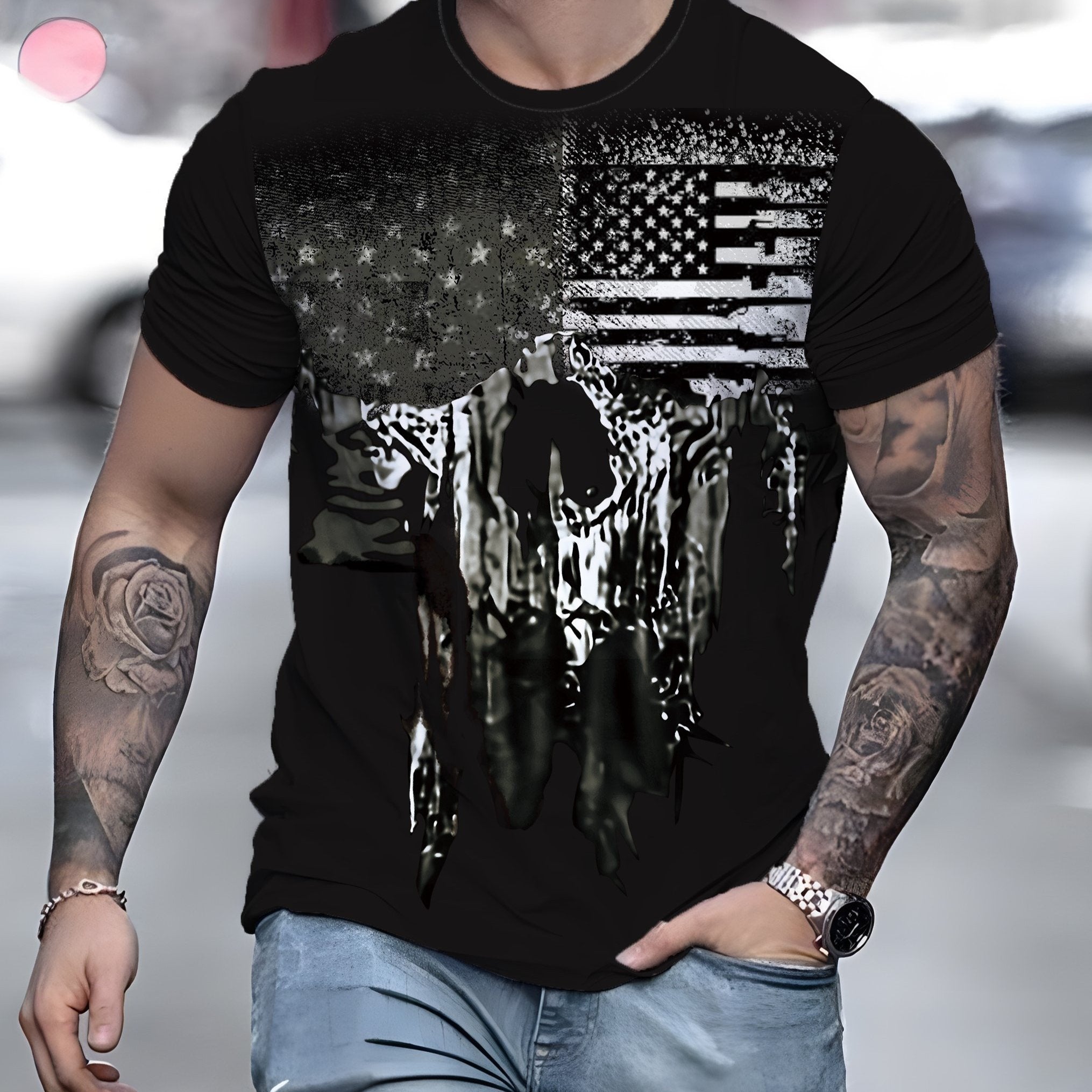 Flag Pattern Print Men's Short Sleeve T-shirt Graphic Tee