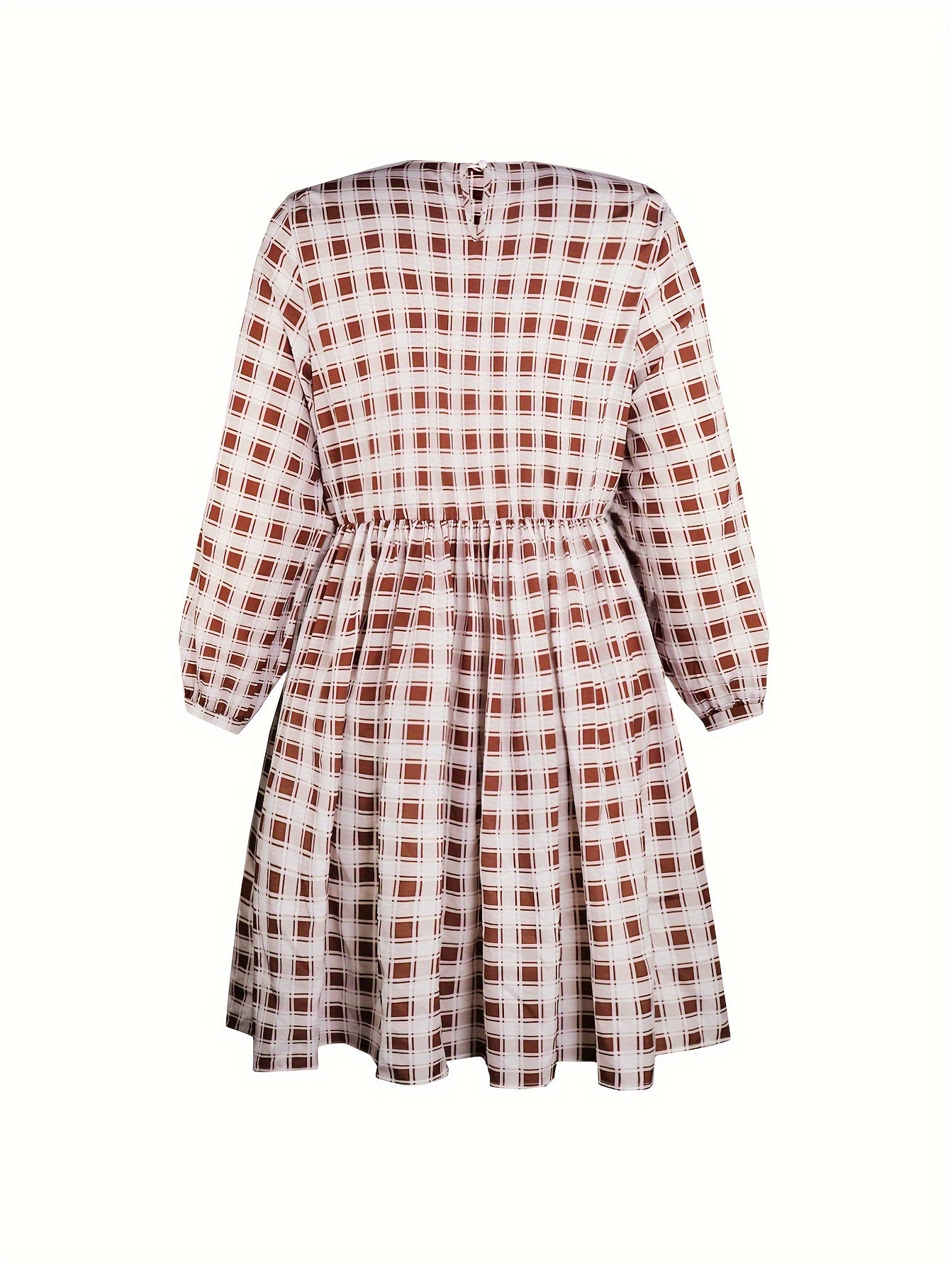 Plus Gingham Print Long Sleeve Round Neck Mini Dress