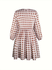 Plus Gingham Print Long Sleeve Round Neck Mini Dress