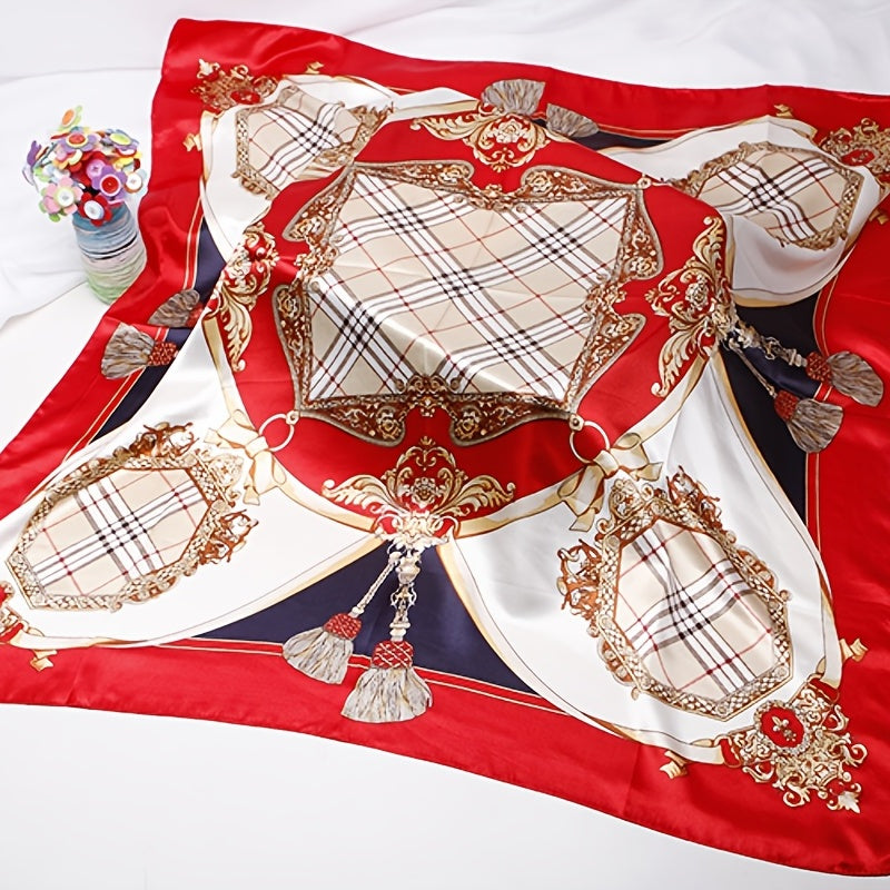 Red Silk Plaid Square Scarf Large Shawl Women Headwrap Hair Accessories