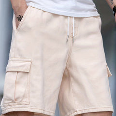 Men's Denim Cargo Shorts Drawstring Waist Casual Pocket Denim Shorts
